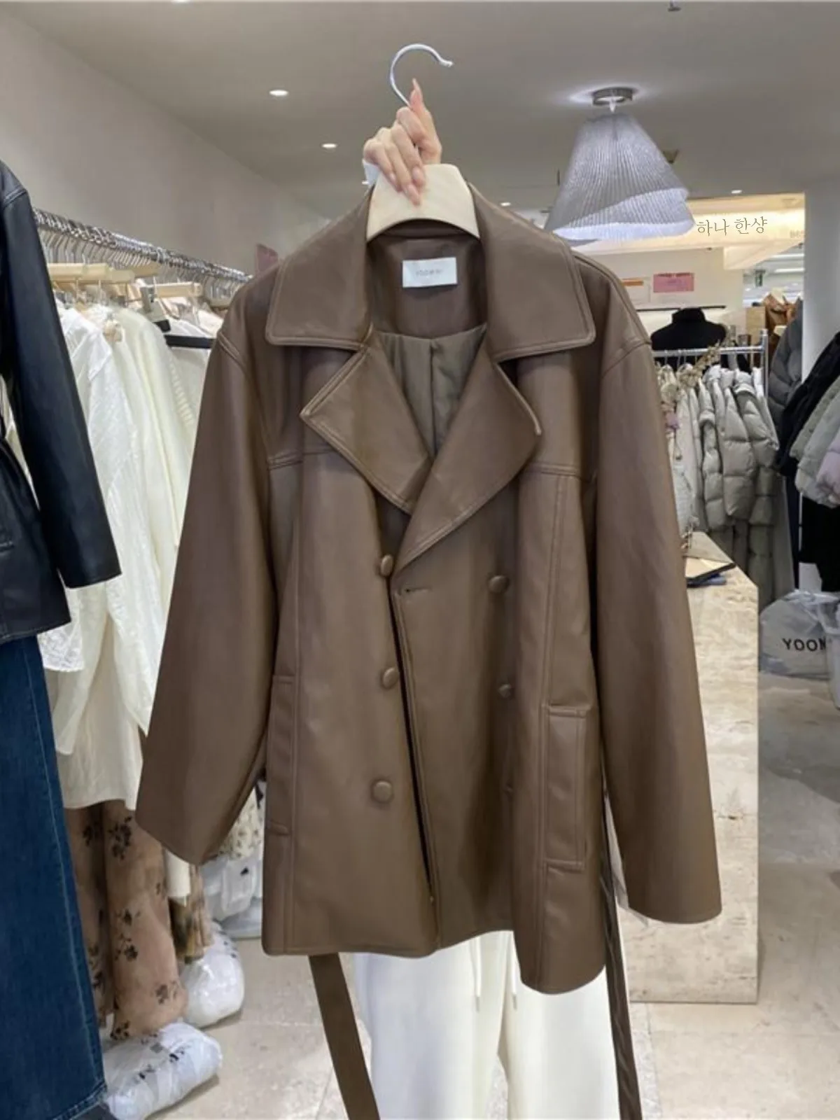 Yoo Korean Fashion Loose All-Matching Lapel Waist Hugging Slimming Belt Leather Coat Outerwear Women Winter Mid-Length Top