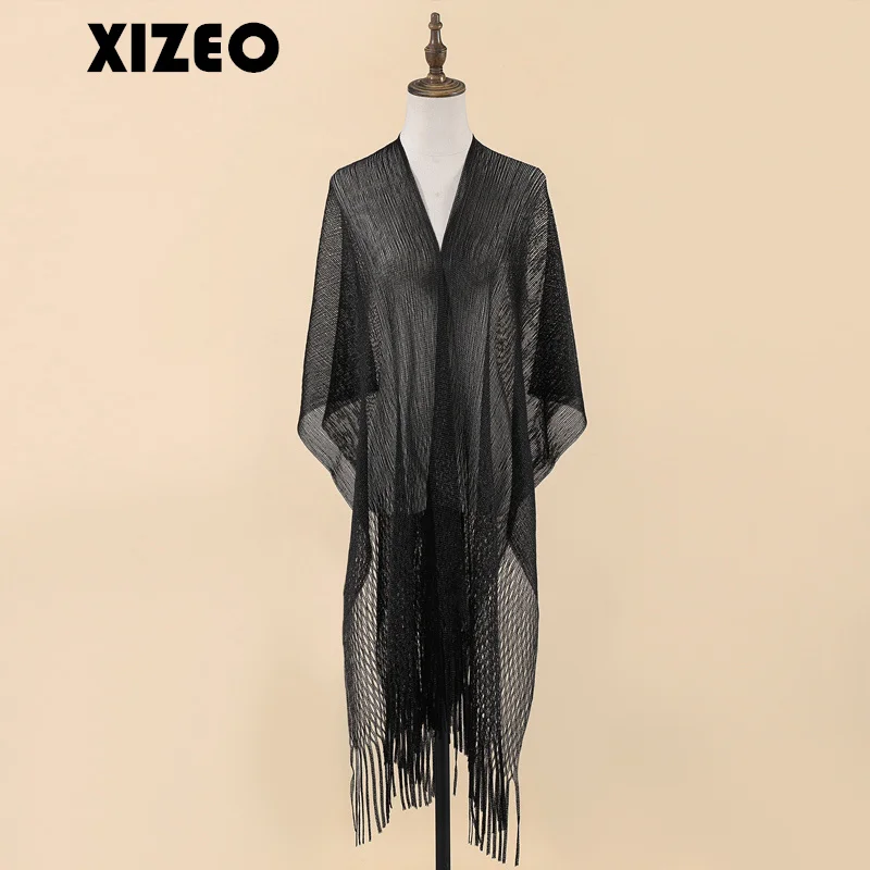 XIZEO 2023 Sexy Fringe Tassel Mesh Sheer Shiny Knitted Tunic Beach Cover Up Cover-ups Beach Dress Beach Wear Beachwear Female
