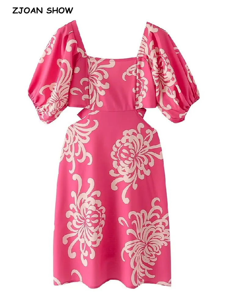 

Женское мини-платье с квадратным вырезом, розовое эластичное платье с цветочным принтом, разрезом на талии, бантом на спине и открытой спино...