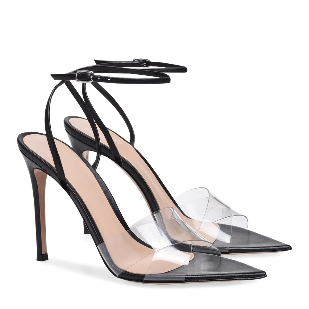 

Transparent Cross Strap Shoes For Women Pointed Toe Sandalias Mujer Solid Color Ankle Buckle Sandals High Heels Ladies Zapatos