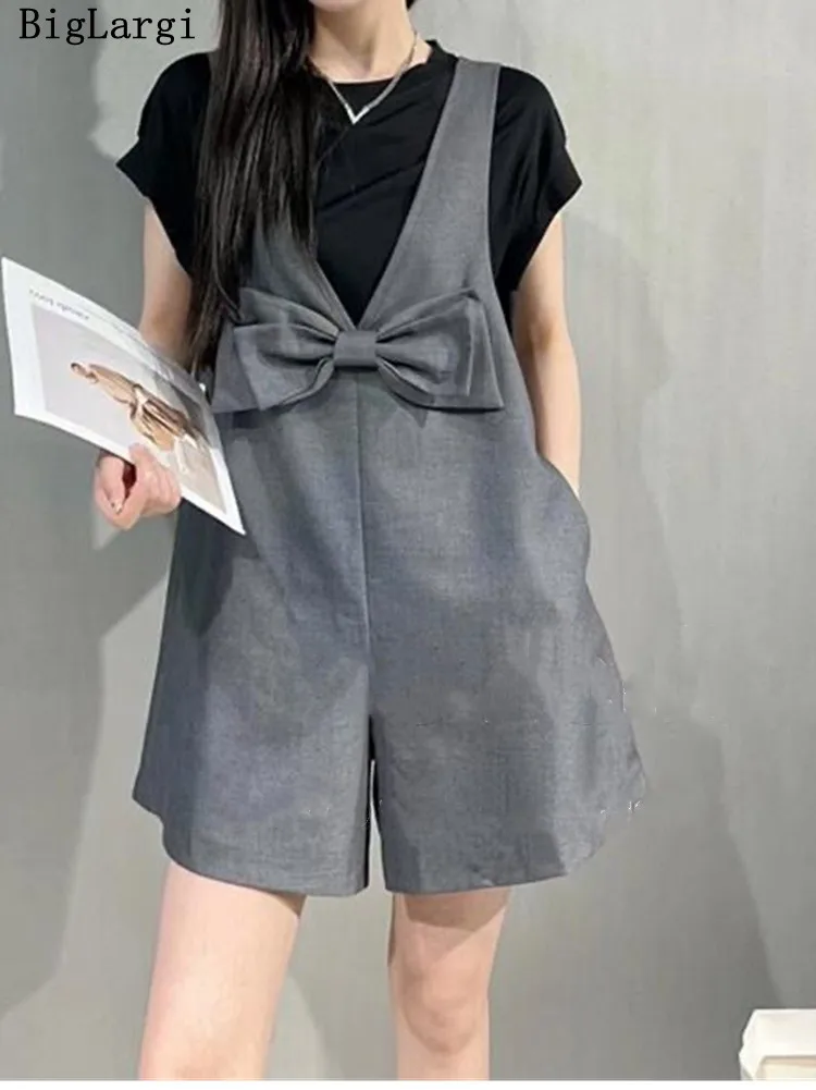 

New Women's Clothing 2022 Summer Loose Short Sleeve T-Shirt Top + bow overalls Suspender pants shorts Two piece set