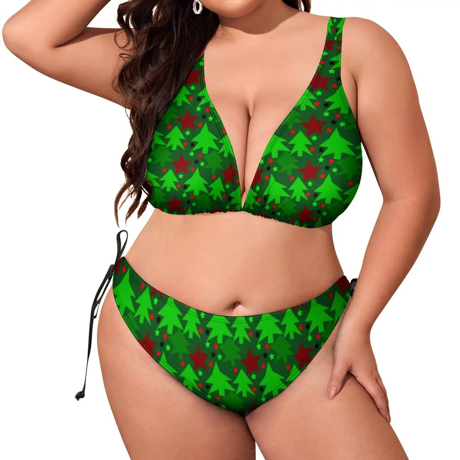 

Green Christmas Tree Bikini Swimsuit Sexy Red Stars Print Swimwear Women Funny Bikinis Set Two Piece Feminine Bikinis Beach Wear