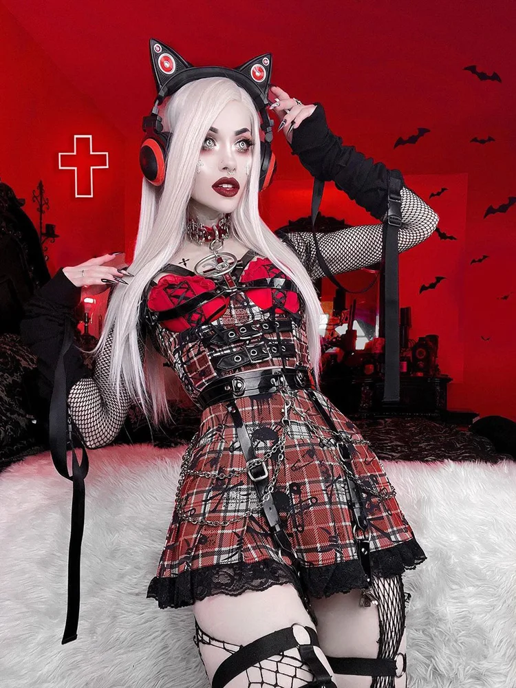 

Y2k Gothic Red Plaid Two Piece Sets Womens Outifits Fairy Grunge Backless Corset Crop Top High Waist Skirt Set Vintage Female