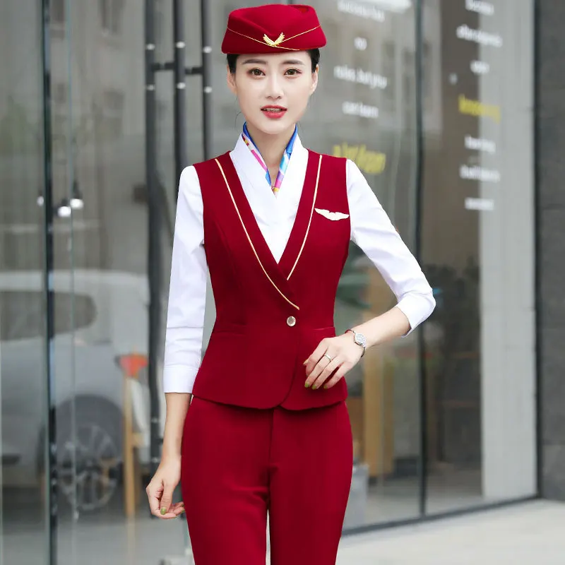 IZICFLY New Style Red Waistcoat And Pants Set For Woman Suits Office Vest Elegant Slim Business Airline Stewardess Work Wear