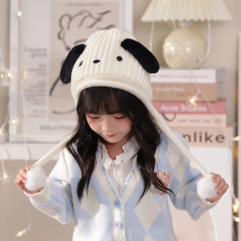 

Anime Cinnamoroll Knit Cap Cute Cartoon Sanrio Kuromi Pochacco Kawaii Children Winter Embroidery Protection Ear Hats Gifts Girls