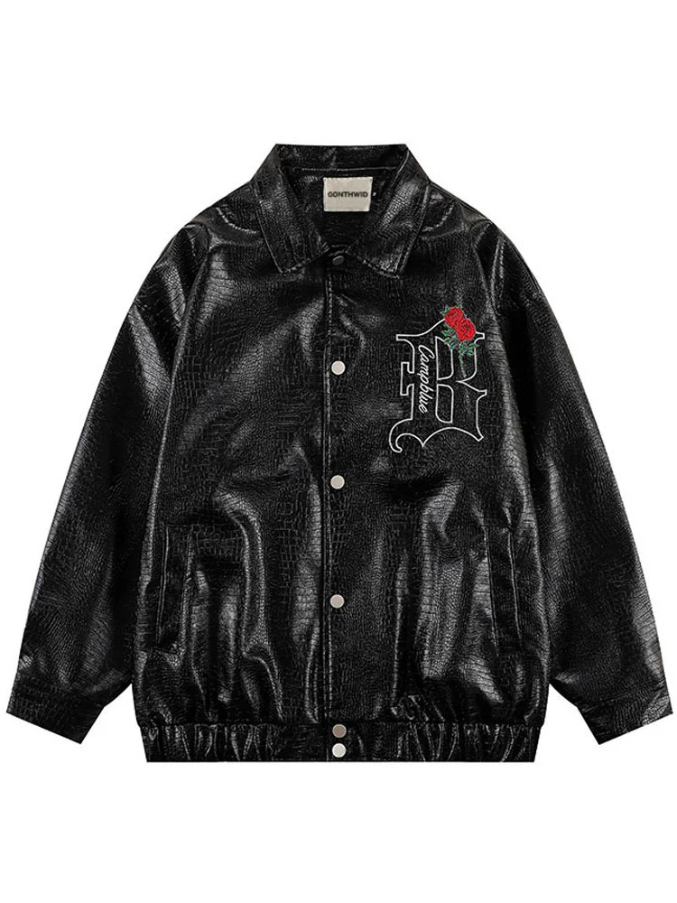 Vintage Faux Leather Motorcycle Hip Hop Embroidery Floral Letter Biker Windbreaker Bomber Jacket Casual Coat Black Brown