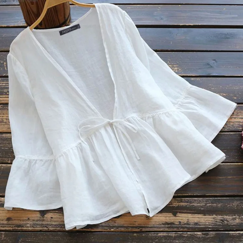 

Women's V-neck European Blouse Triangle Cardigan Fashion Summer Lace Loose Cotton Linen Casual Shirt Women Jacket Lantern Sleeve