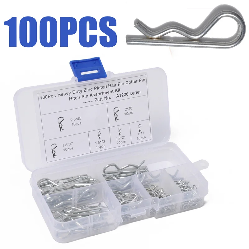 

100Pcs R Cotter Pins Tractor Pin Clips With Plastic Box Assortment Kit Hitch Hair Tractor steel Clip Cotter Grab Kit