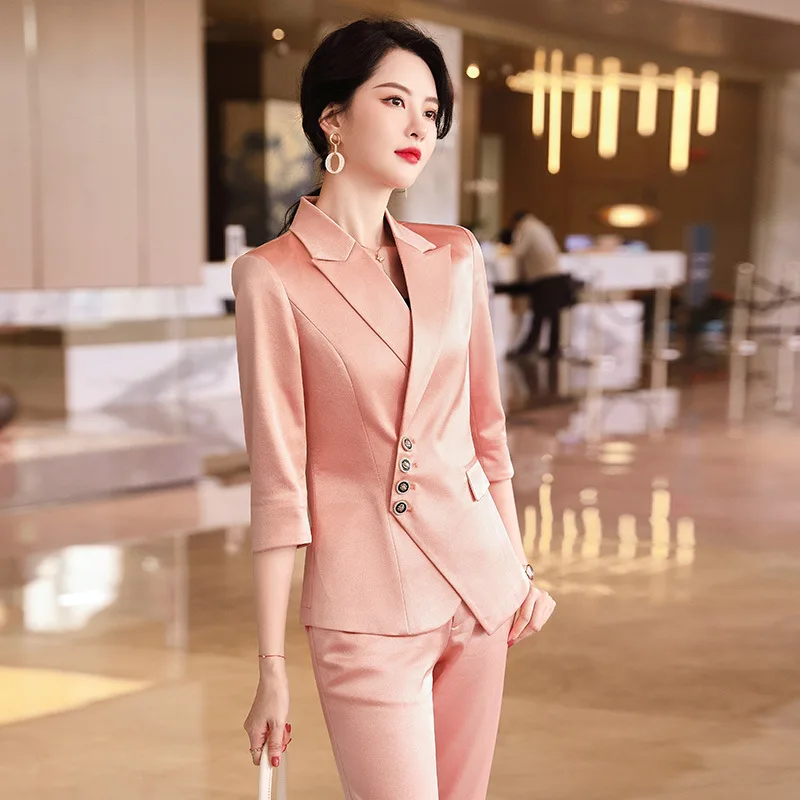IZICFLY New Summer Style Pink Pants Suits For Women 2022 Outfits Slim Half Office Blazer 2 Piece Sets Business Work Wear