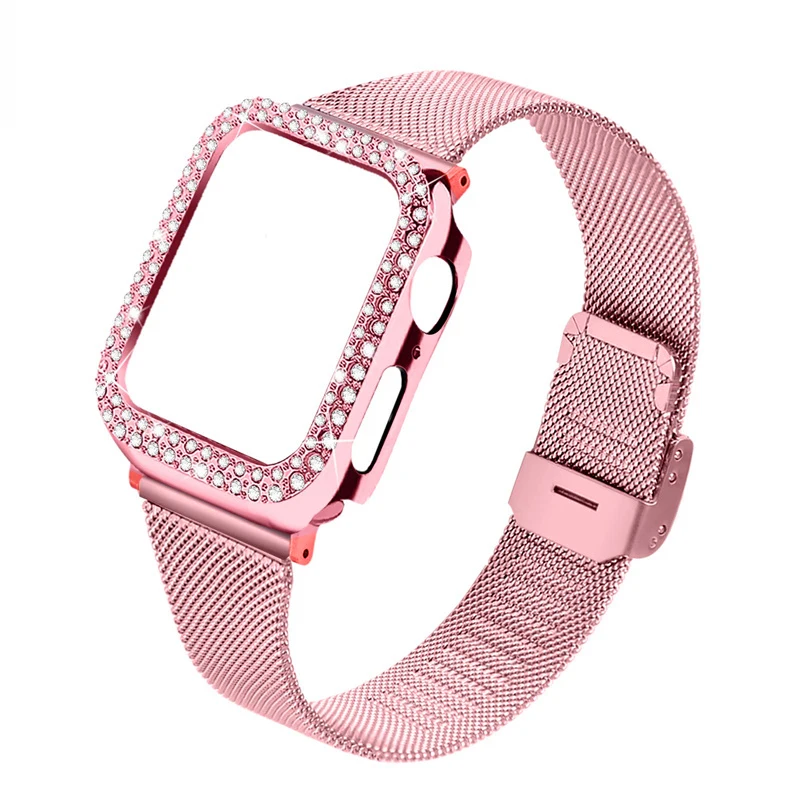 

Бриллиантовый чехол + Браслет «Миланская петля» для Apple Watch band 45 мм/41 мм 44 мм 40 мм, браслет из нержавеющей стали iwatch series 7 4 3 SE 6