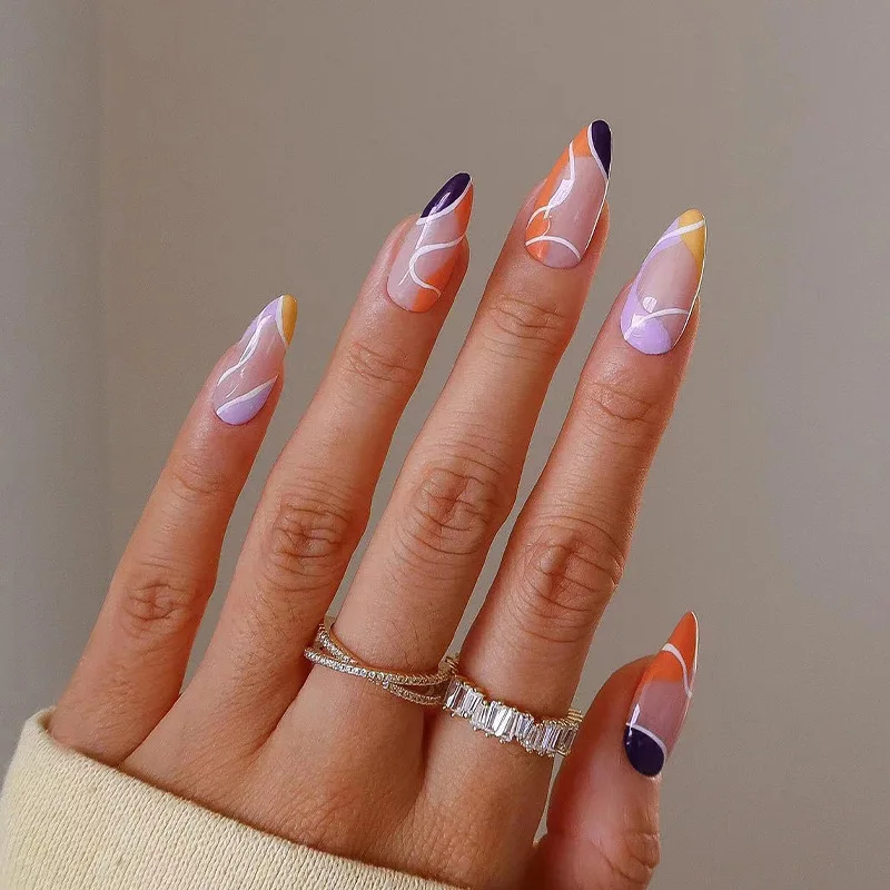 

24pcs/Box French White Line Colors Almond False Nails Press On Nails Detachable Fake Nail Tip with Design Manicure Patches