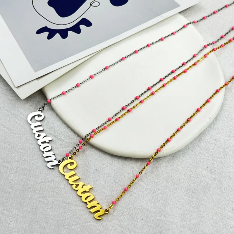 

Personalized Colorful Bead Chain Custom Name Necklace Stainless Steel Women Jewelry Nameplate Pendant Sweater Embellished Choker