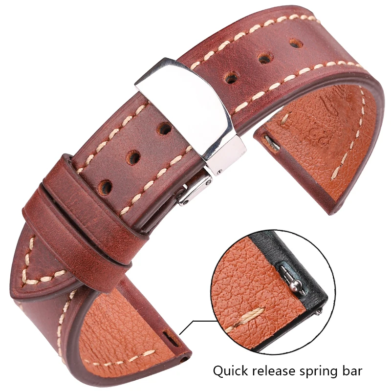 Genuine Leather Watchband 18 20 22 24mm Women Men Vintage Cowhide Watch Band Strap Belt Accessories Steelt Deployment Clasp