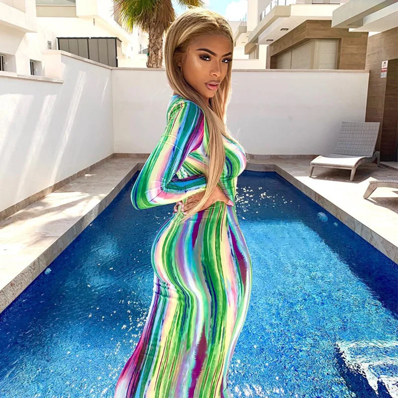 

Hot Tie Dye Women Long Maxi Dress Long Sleeve Deep V Neck Bodycon Dresses 2022 Summer New Activewear Sexy Night Club Party Vesti