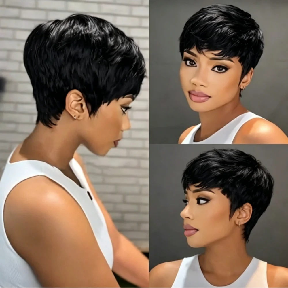 Фото Парик Pixie Cut из натуральных волос, прямой, полностью машинной работы, короткий, натурального цвета, для женщин, с боковым пробором, плотность 200% №4
