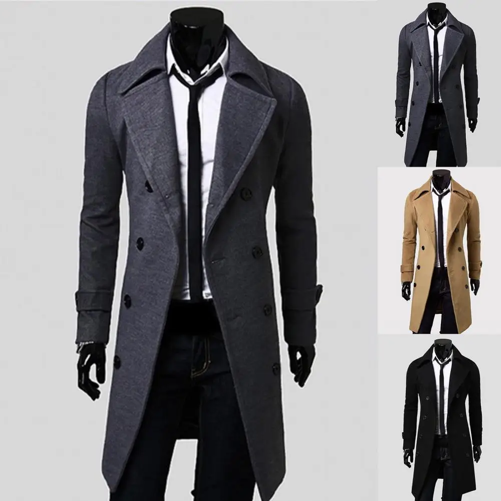 

Casual Coat Male Long Trench Coat Buttons Coldproof Pure Color Jacket All Match