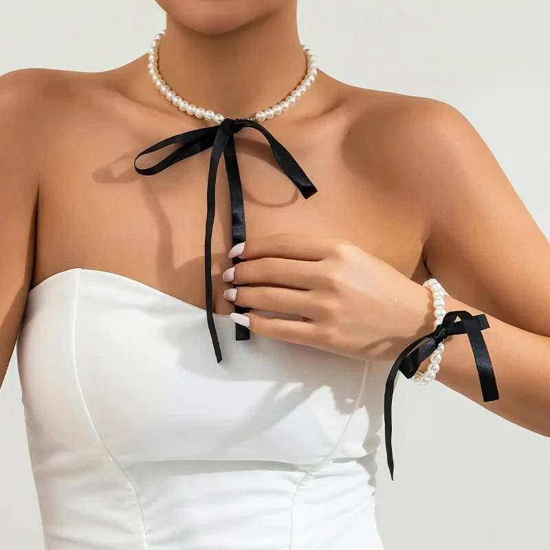 

Vintage Long Bow Collar Neckchain DIY Lacing Velvet Imitation Pearl Necklace Bracelet for Women