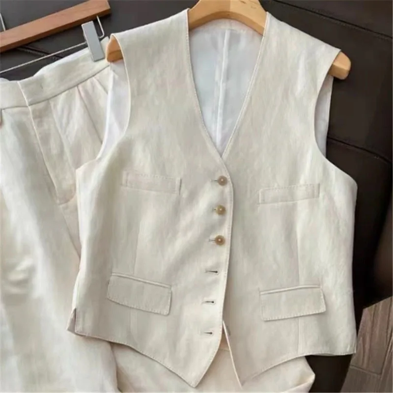 Летний женский комплект из хлопка и льна с v-образным вырезом жилет без рукавов