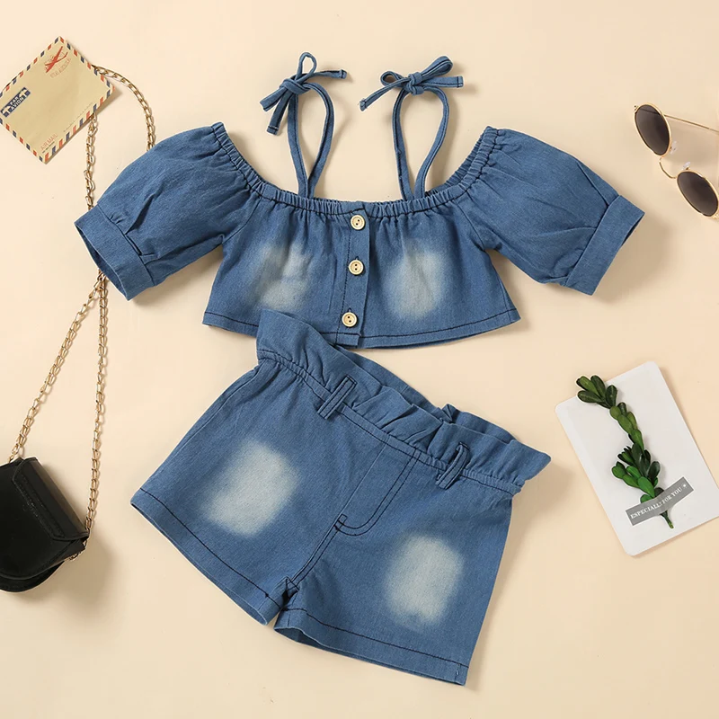 

1-6 Years Girls Clothes Denim Outfits Off-shoulder Spaghetti Straps Crop Top with Elastic Waist Shorts Kids Summer Fashion Set