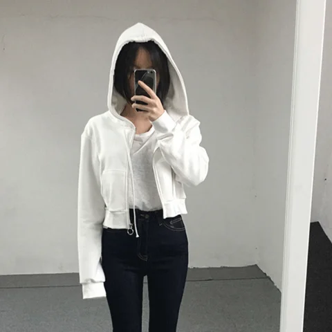 Hoodies Women Hooded Solid Short Style Zipper Slim Harajuku Chic Trendy Simple All-match Thin Long Sleeve Gothic New Streetwear