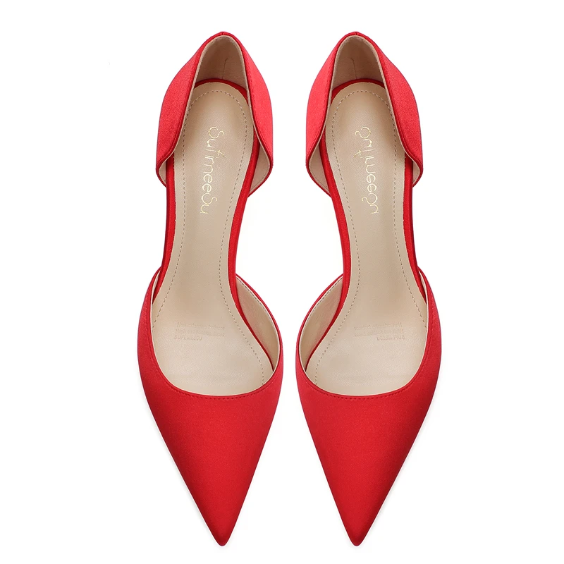 Bright Red Satin Wedding Shoes Women New Bride Dress Pumps Chinese Retro Style Pointed Toe Slip-on Hollow Sexy Stiletto Sandals