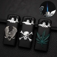 personality skull metal windproof gas lighter with flashing light blue flame spray gun butane gas torch cigarette lighter