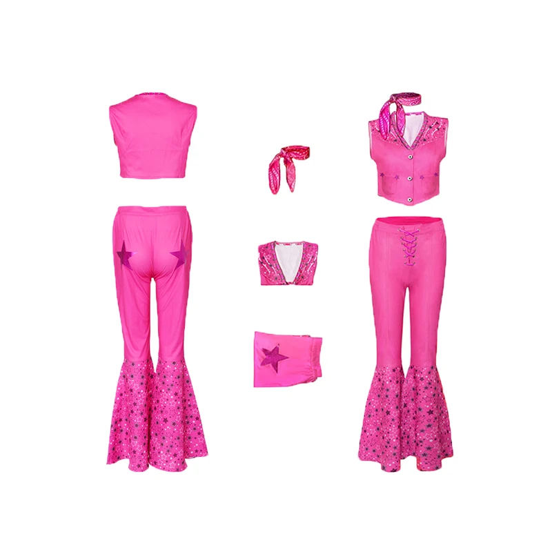 

Винтажный костюм для косплея для девочек в стиле 50-х и 80-х годов, топ, расклешенные брюки, наряды, хиппы, Розовые Костюмы