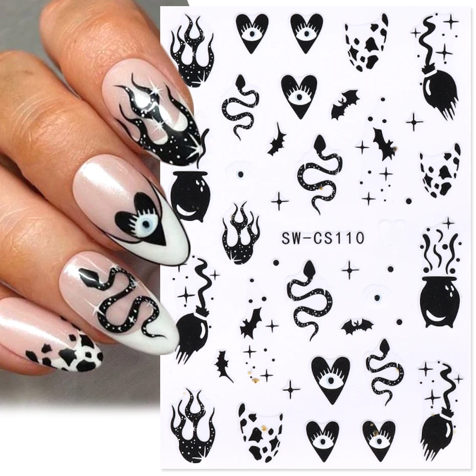 

3D Black Heart Evil Eye Nail Stickers Maple Leaf Flower Flame Snake Milk Leopard Bat Star Fireplace Autumn Winter Manicure Tips