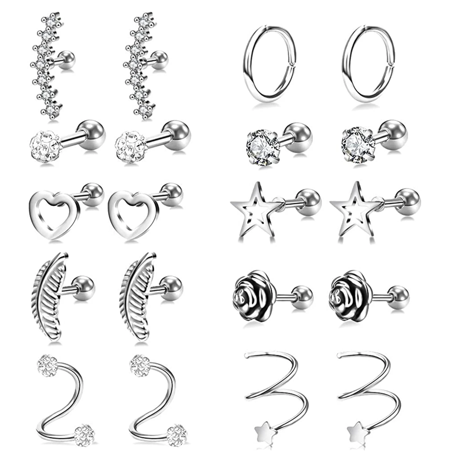 

WKOUD 2pcs 16G Cartilage Earrings Stud Set For Women CZ Stud Tragus Helix Piercing Body Jewelry Stainless Steel Earrings Hoop