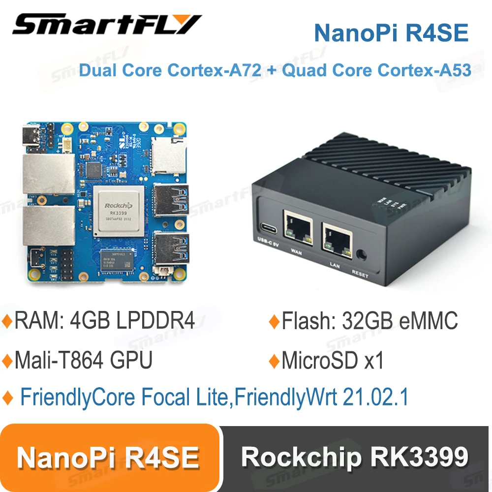 Smartfly NanoPi R4SE Rockchip RK3399 SOC мини портативный дорожный роутер OpenWRT 4 Гб LPDDR4 32 Гб eMMC Mali-T864 GPU 4K VP9 Dual VOP