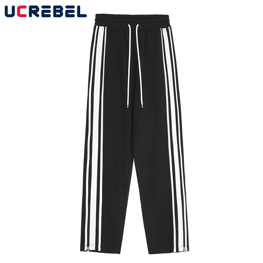 

Striped Sweatpants Mens Streetwear Side Zipper Drawstring Elastic Waist Casual Pants High Street Loose Straight-leg Pants Men