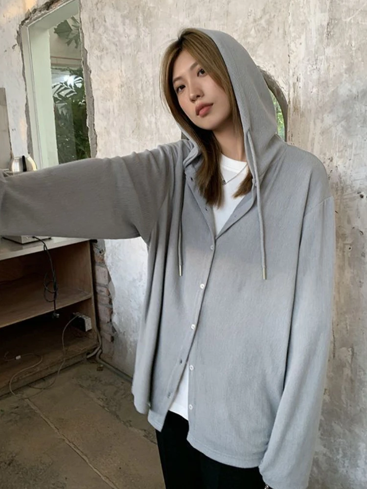 

Кардиган Женский летний свободный, повседневный однотонный тонкий базовый Универсальный Кардиган в Корейском стиле с капюшоном и защитой ...