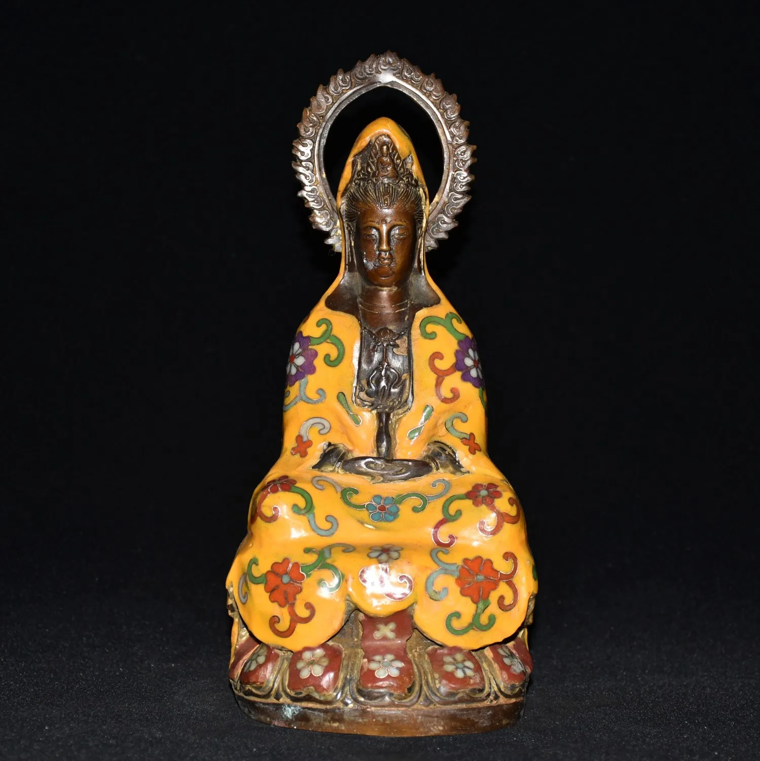 

10"Tibetan Temple Collection Old Bronze Cloisonne Enamel flame light Avalokitesvara Buddha lotus platform worship buddha