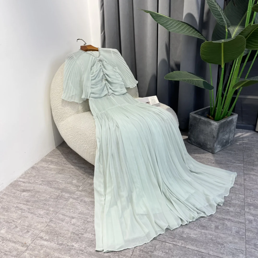 

Ladies Mint Long Pleated Dresses Diamonds Ruched Upper Cloak Ruffle Sleeve Summer Top Qualtiy Elegant Woman Clothing 2022