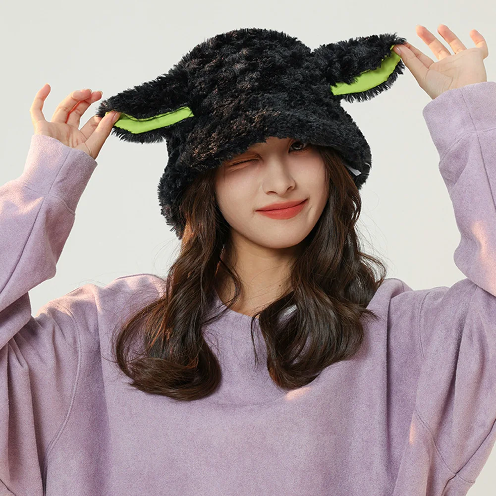 

Handmade Cute Sheep Bucket Hat Women Sheep Cap with Ears Cute Girl Lambswool Material Black White Sheep Ear Hat Holiday Gift