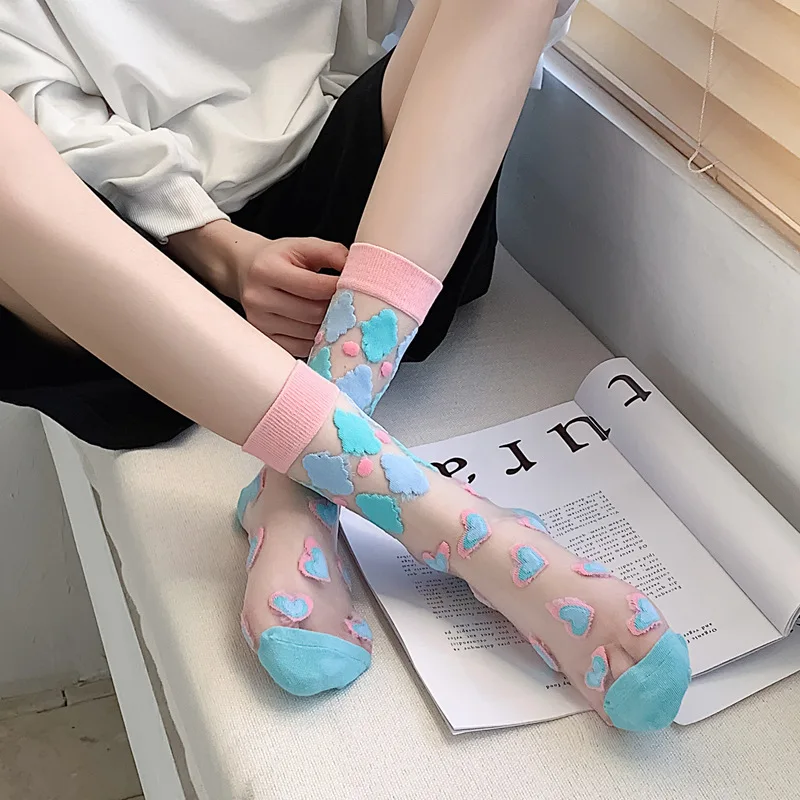 2023 Japanese Korea Fashion Jacquard Women Summer Cool Creative Floral Transparent  Trend Print Ultrathin Glass Silk Socks
