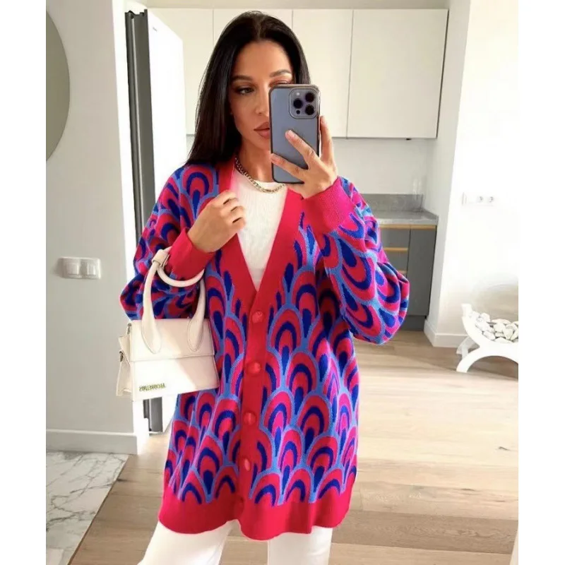 

Women V Neck Multicolor Print Knitted Cardigan Fashion Female Buttons Casual Long Sleeve Sweater Cardigan Autumn Winter Jumpers