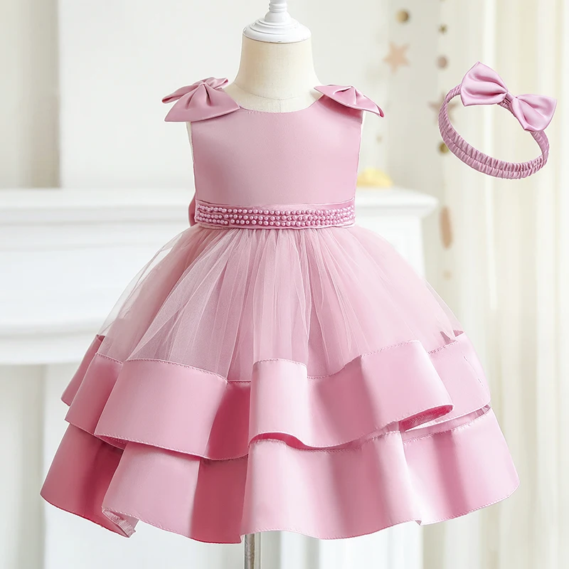 

0-24M Summer Baby Girls Dresses Sweet Sleeveless Bowknot Ruched Cake Clothes Birthday Party Costume Infant Baby Baptism Dressess