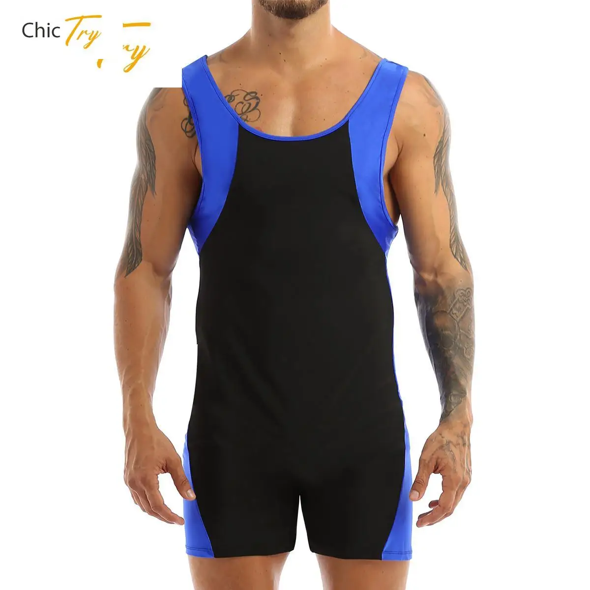 Мужской слитный купальник без рукавов с цветными блоками |