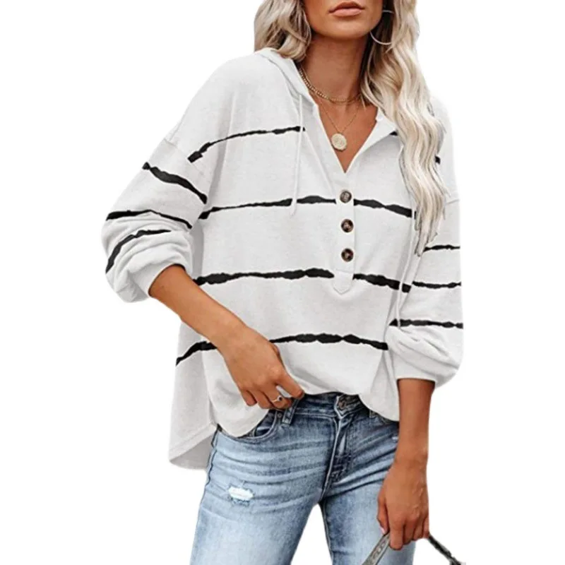 

Женский свободный пуловер в полоску, с капюшоном и отложным воротником