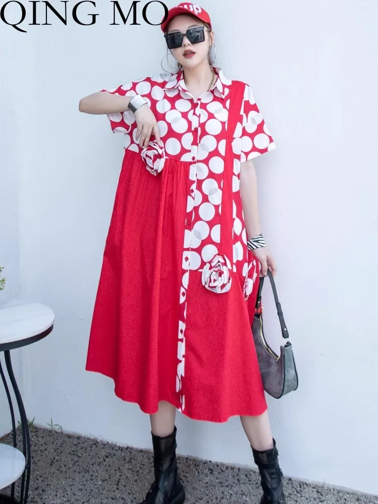 

QING MO 2023 Summer New Fashion Polka Dot Dress Women Contrast Print Shirt Casual Loose Large Size Red Dress ZXF3242