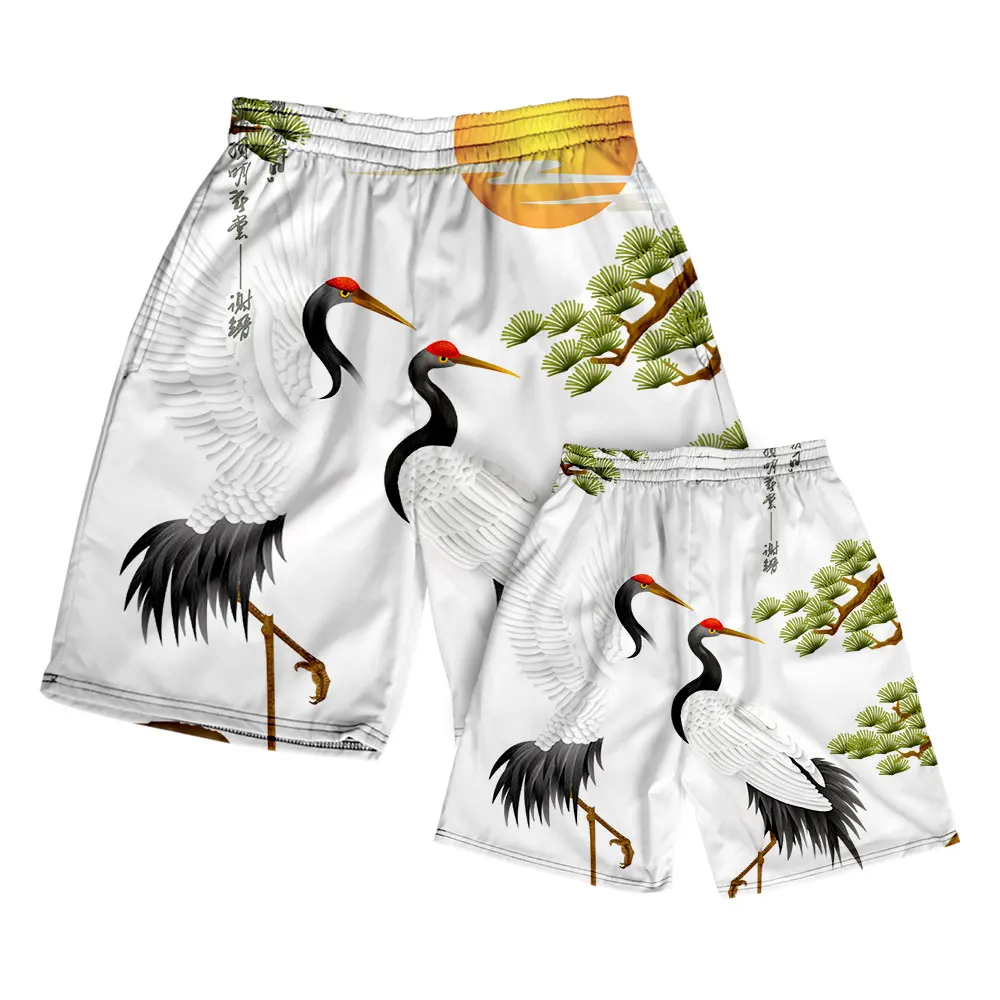 Lianshuo 2022 Summer Men Swim Surf Basketball Beach Outdoor Sports Running Fitness Casual Vintage Crane Print Loose Gym Shorts