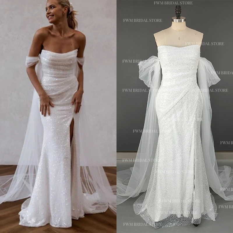 

8770# Real Photos Custom Exquisite Strapless Split Front Detachable Lace Sleeve Beading Mermaid Wedding Dress Bridal Gown