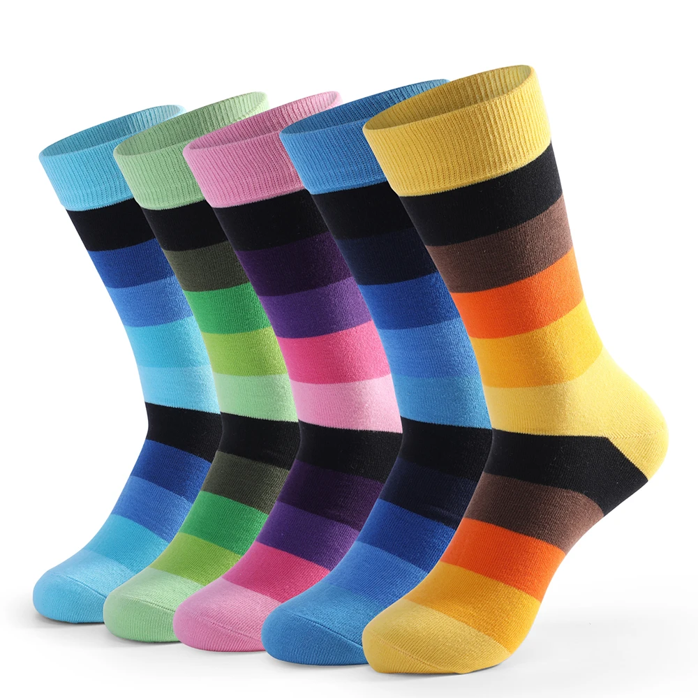5 Pairs High Quality Fashion Colorful Casual Funny Men Socks Large Size Stripe Grid Pure Ranibow Gay Men Cotton Socks