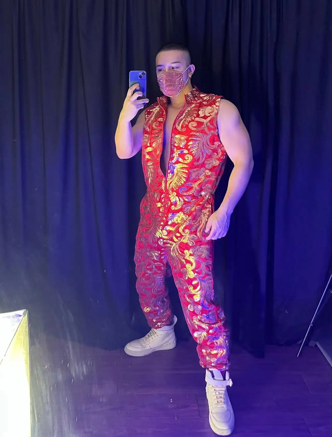 Новинка мужской комбинезон без рукавов с золотой вышивкой и блестками Женская