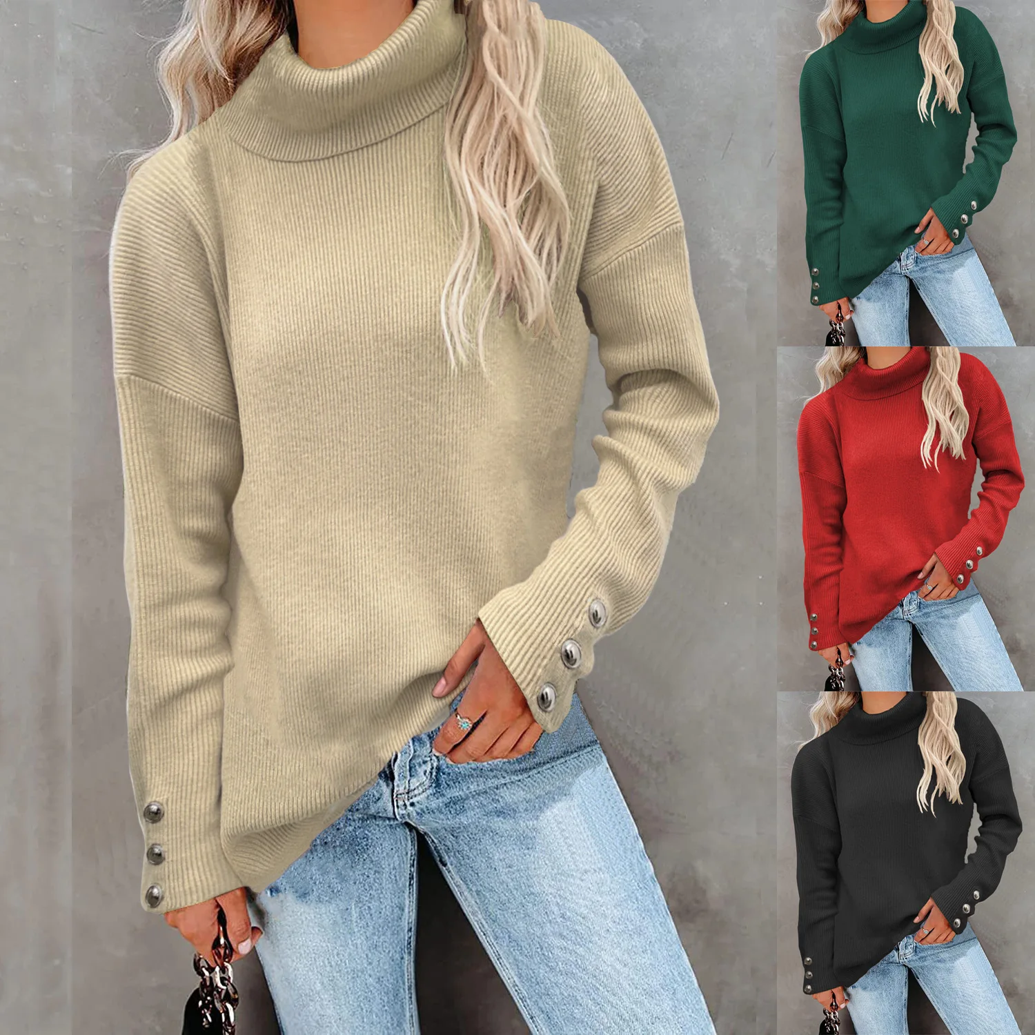 Fashion Sweater Autumn and Winter Women's New Stripe High Neck Long Sleeve Knitwear Casual Loose Pullover Sweater Women / Female