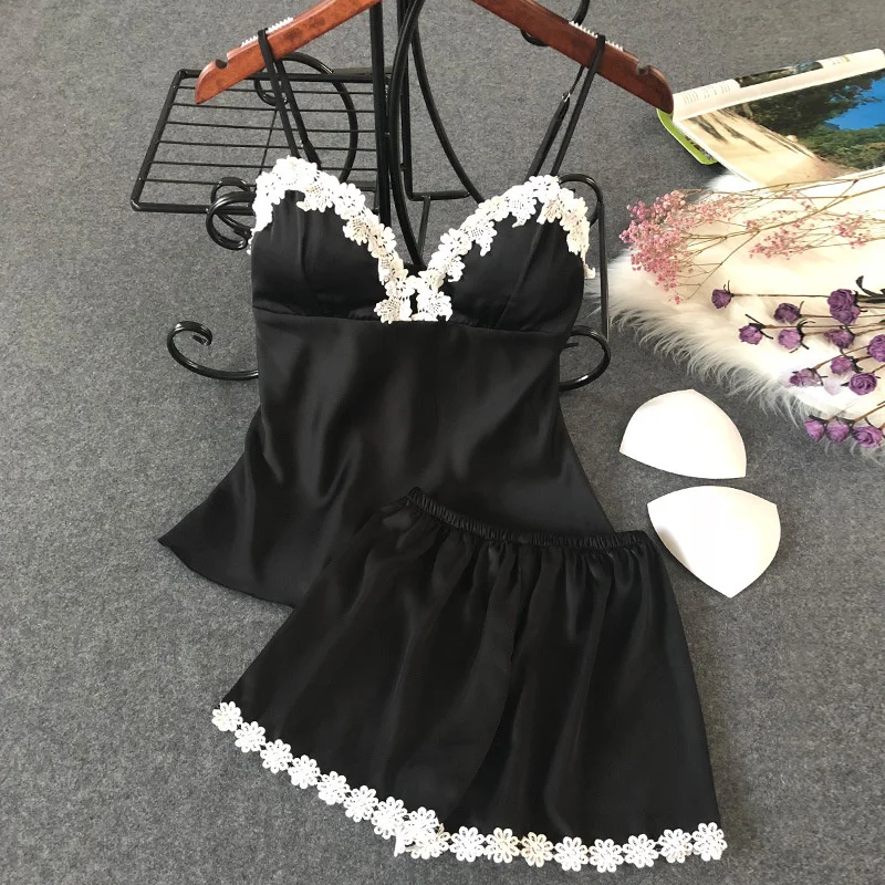 Women's Sleepwear 2 Pcs Sets Tops+Shorts Sexy White Lace Satin Sleeveless V-neck Tight Trendy Pyjama Sets