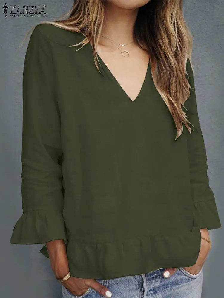 

2022 Праздничная Повседневная Женская блузка ZANZEA с V-образным вырезом и длинным рукавом, однотонные модные блузки с оборками, женская элегант...