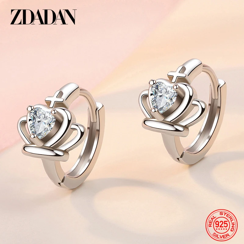 

ZDADAN 925 Sterling Silver Crown Zircon Hoop Earrings For Women Fashion Wedding Jewelry