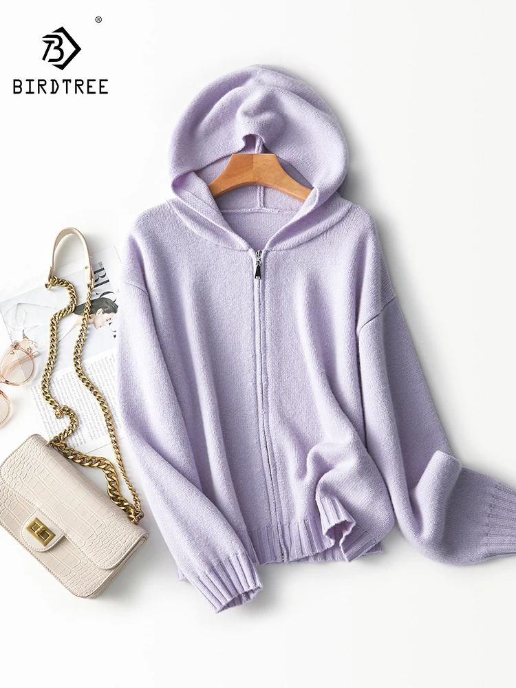

Женский трикотажный кардиган на молнии с капюшоном Birdtree, 100% овечья шерсть, японский свитер для жителя пригорода, Осень-зима, T3N144QC